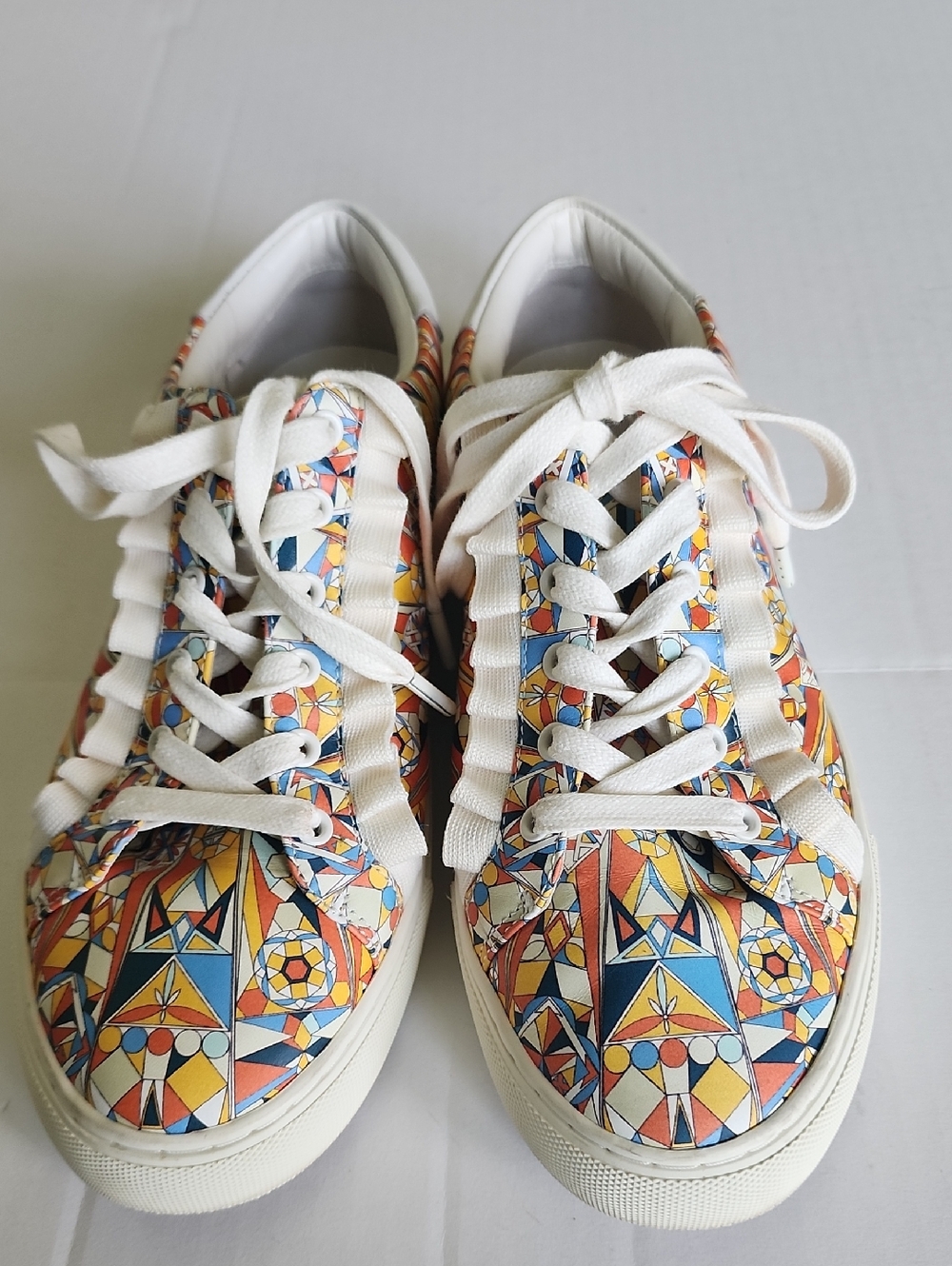 Tory Burch Sport Leather Low-Top Lace Up Sneakers Geometric Ruffle - Picture 3 of 12
